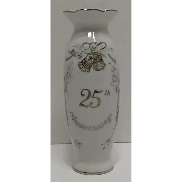Vintage 1984 Lefton 25th Anniversary Vase Japan – Silver Trim Porcelain - Picture 3 of 5